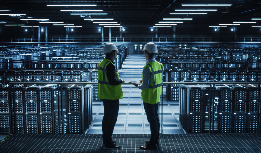 Two engineers reviewing a tablet inside a data centre