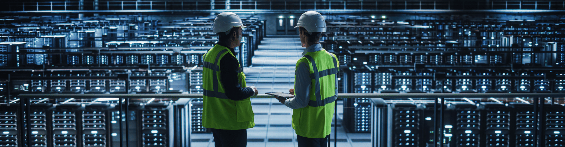Two engineers reviewing a tablet inside a data centre
