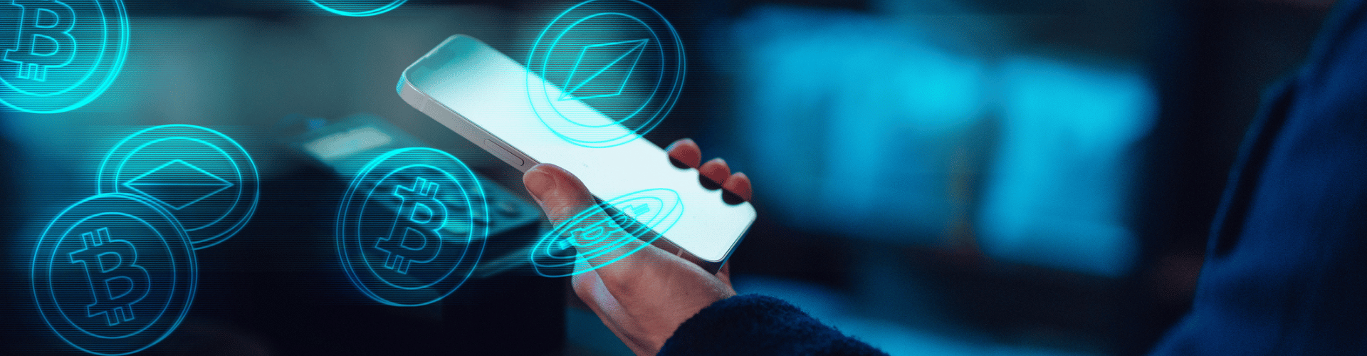 Person holding a smartphone with floating cryptocurrency icons in a digital interface