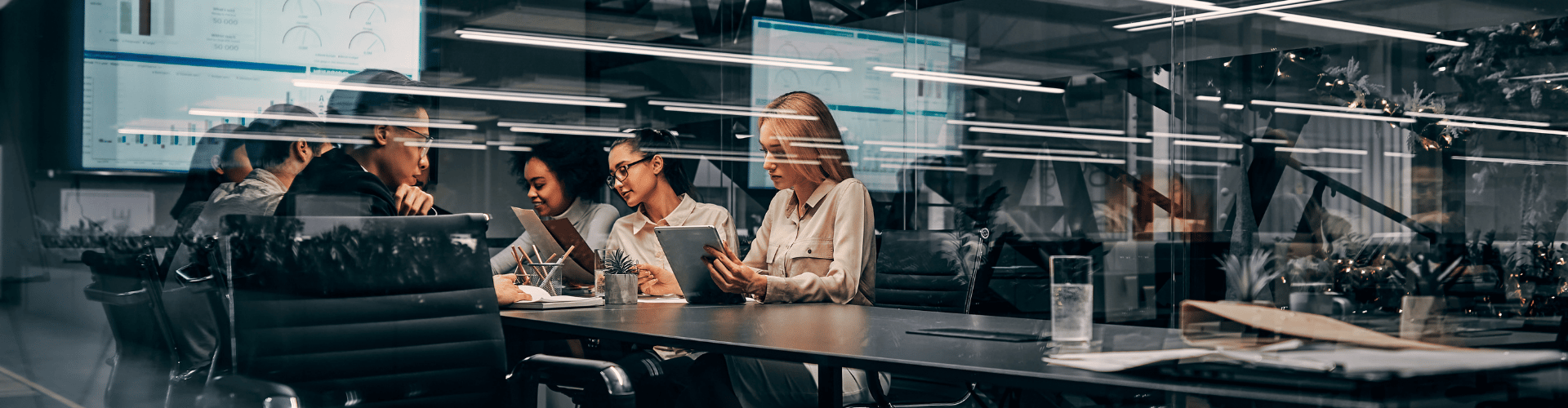 Team collaborating in modern glass-walled office