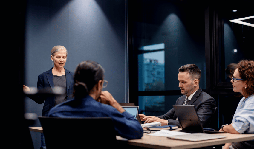Team discussion and presentation in a corporate meeting space
