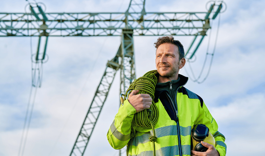 Utility worker in high-visibility jacket carrying rope beneath overhead power lines
